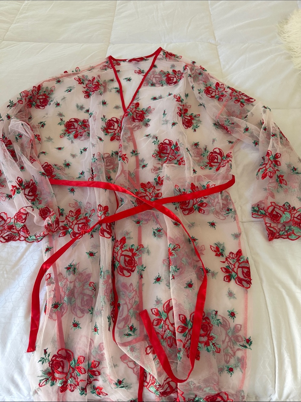 Victoria's Secret Sheer Red Floral Embroidered Lace Robe